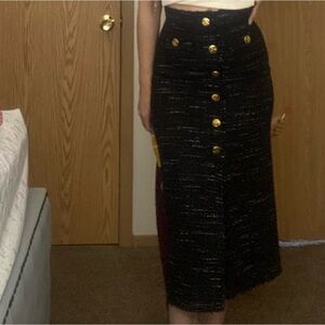 Zara Black and Gold tweed Pencil Midi Skirt